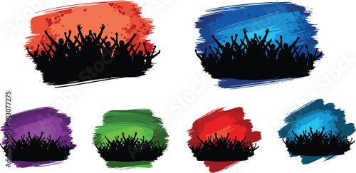 WebCollection of Cheering Crowd Silhouettes with Colorful Grungy Paint Splash Backgrounds for Live Music Concerts Sports Events Festivals Parties and Vibrant Celebration Design Projects
