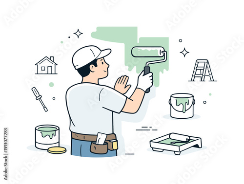 DIY home improvement. A homeowner carefully painting a wall with a roller, showing calm progress and hands-on renovation work. Minimalist