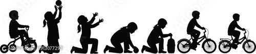 Collection of Children Playing Silhouettes Featuring Kids Riding Bicycles Tricycle and Playing with Toys for Early Childhood Development Active Lifestyle and Educational Recreation Concepts