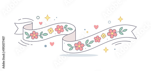 Pastel Floral Ribbon. Floral ribbon pastel. A stylized ribbon with floral details floats across the scene in a calm curve, surrounded by abstract decorative