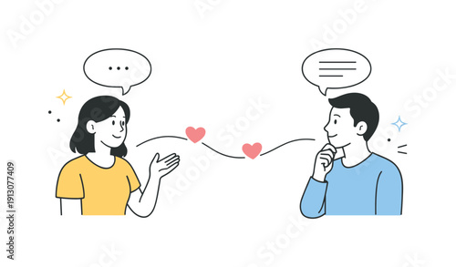 Building healthy communication. Editorial illustration of two people talking calmly with simple dialogue bubbles, hearts and lines connecting