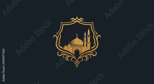 Golden Islamic Mosque Emblem with Intricate Ornate Details.