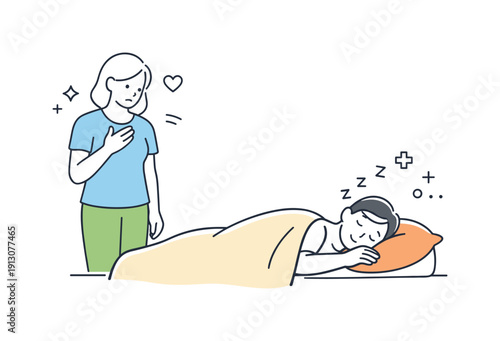 Caregiver emotions. A person standing nearby with a gentle, concerned posture while another rests, conveying quiet worry and devotion.