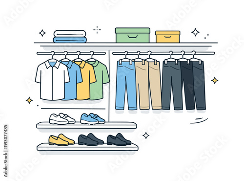 Organizing a closet by categories (shirts, pants, shoes). A finished, peaceful closet scene with everything in place and empty space visible