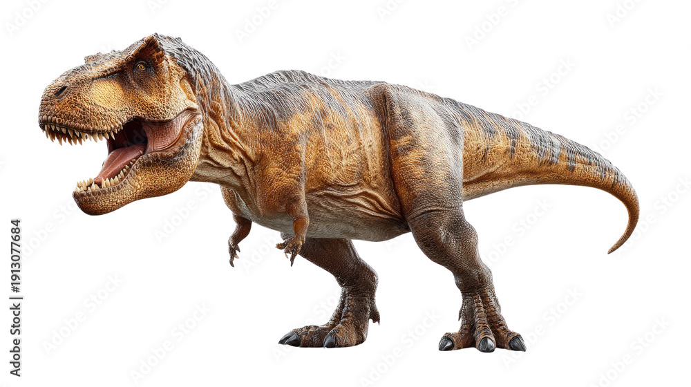 Fototapeta premium Tyrannosaurus Rex in Action: A formidable Tyrannosaurus Rex roars with might, showcasing the raw power and ancient majesty of this apex predator. A truly iconic representation of prehistoric life.