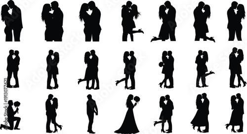 WebCollection of romantic couple silhouettes in various poses including hugging kissing and wedding proposal for love marriage relationship and valentine day vector illustration background