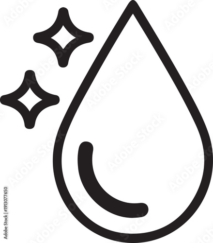 Shiny Water Drop Icon with Sparkles, Minimal black outline water droplet with sparkle stars symbolizing purity, cleanliness, freshness, and hygiene for branding or eco concepts.

