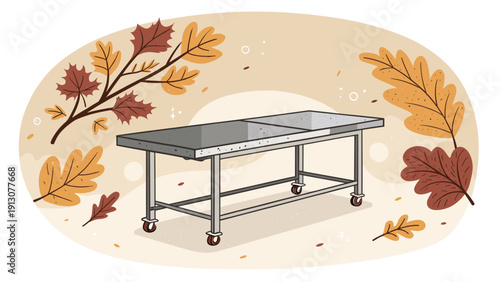 Stainless steel kitchen table with autumn leaves in background  