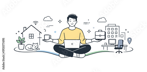 Remote and hybrid work adaptation. Employee balancing home and office symbols connected by smooth lines. Calm modern workplace scene showing
