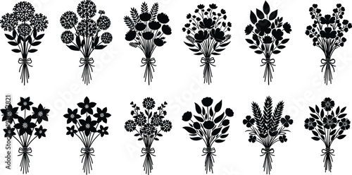 Wildflower bouquet silhouette collection with decorative floral arrangements tied by ribbon isolated on white background, elegant botanical illustration set for wedding and design