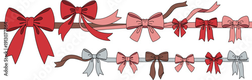 Colorful decorative bows tied on ribbons in multiple styles and shades, fashion design elements, gift wrapping accessories, crafting decoration, festive ornament illustration for creative projects