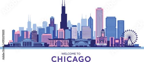 WebColorful modern city skyline panorama with skyscrapers and ferris wheel in blue and pink tones, urban architectural landscape vector illustration for city travel background.