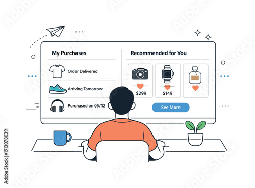 Consumer Insights Dashboard. Everyday consumer behavior. A person reviewing past purchases and recommendations on a clean dashboard screen. The scene reflects