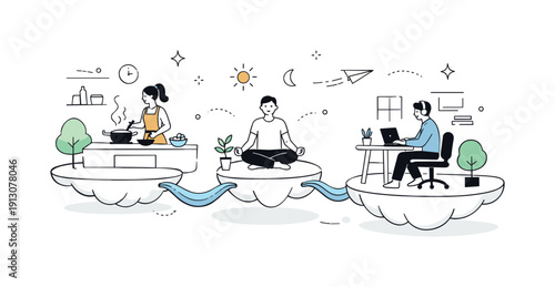 Surrealist visions of future lifestyles. Everyday activities like cooking and working happening on separate floating islands connected by