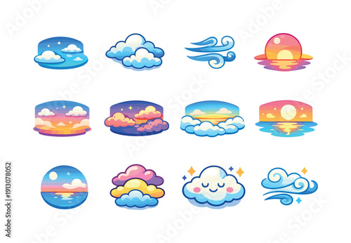 Tranquil Sky Icons. Peaceful Atmosphere. Colorful isometric vector icons set of Peaceful Atmosphere: tranquil sky, soft clouds floating, calm wind lines,