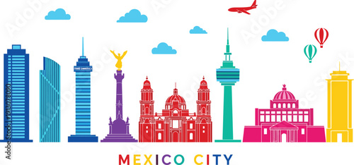 WebColorful Mexico City Skyline Vector Illustration Featuring Angel of Independence Torre Latinoamericana Metropolitan Cathedral and Airplane for Mexican Travel Tourism and Urban Design Background