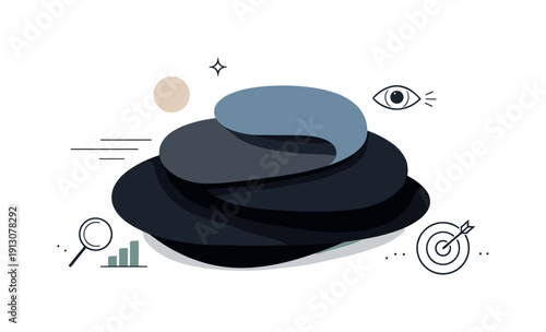 Creating a sophisticated atmosphere with dark tones. An abstract editorial visualization showing dark shapes layered with precise spacing and