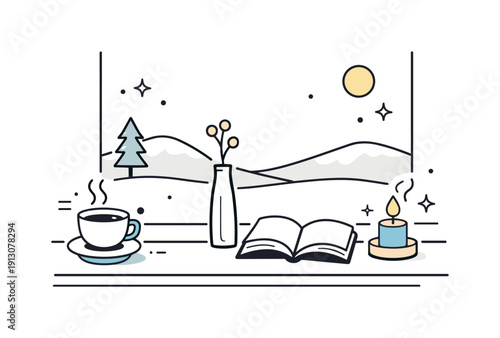 Minimal winter still life. A windowsill scene with minimal objects touched by cold daylight, conveying pause and reflection during winter.