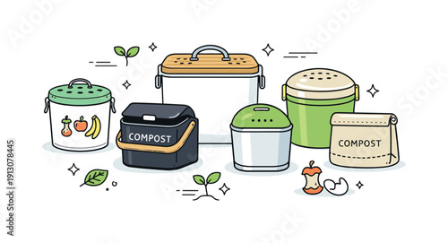 Minimalist Compost Bins. Set of kitchen compost bins. Different minimal compost containers arranged neatly, showing variety and modern eco design. Clean,