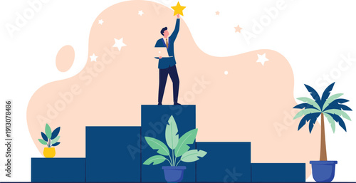 Successful businessman holding laptop and reaching for gold star on top of podium stairs for career growth and achievement concept