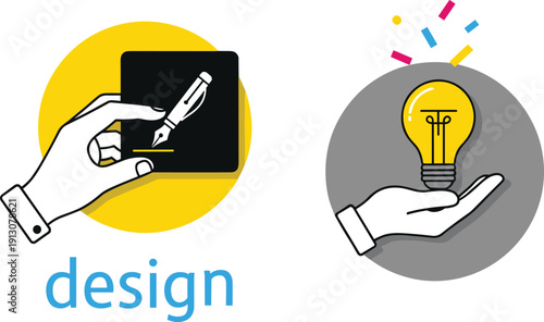 Creative Design and Innovation Concept Featuring a Hand Holding a Fountain Pen Icon and a Glowing Lightbulb Idea Illustration Set.