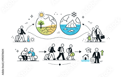 Mobility and Climate Influence. Human mobility and climate. Abstract view of population movement influenced by environmental factors, educational and balanced