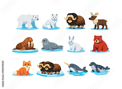   Arctic mammals. Colorful flat vector icons set of Arctic mammals: polar bear, arctic fox,