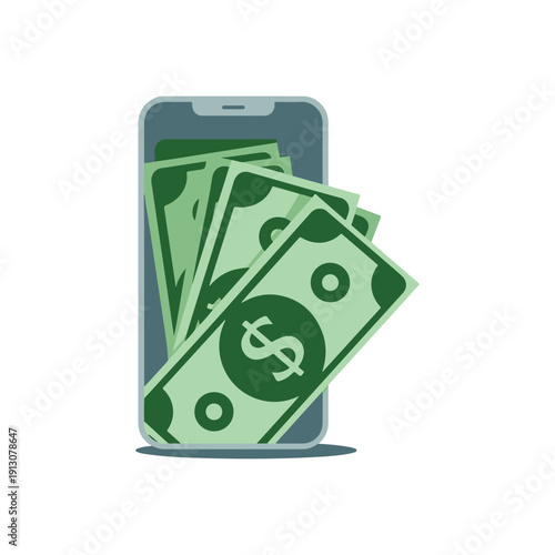 Green dollar bills with symbol emerging from modern smartphone illustration in minimalist style