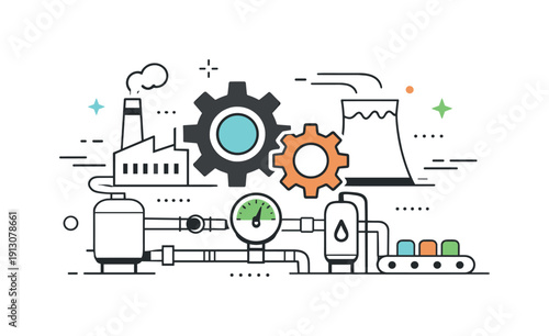 Industrial machinery. An abstract composition of gears, pipes, and factory elements arranged harmoniously, representing industrial power and