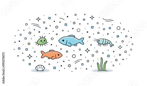 Microplastics in the ocean. Tiny particles surrounding plankton and small fish, barely visible but widespread. Calm composition highlights an