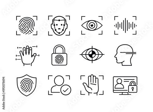 Biometric Icon Set. Biometric Identification. Line icon set of Biometric Identification: fingerprint icon, facial scan, iris recognition, voice print, hand