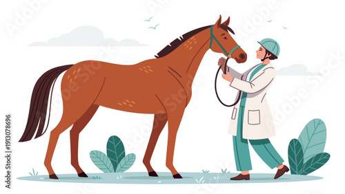 Veterinarian caring for brown horse in outdoor setting  