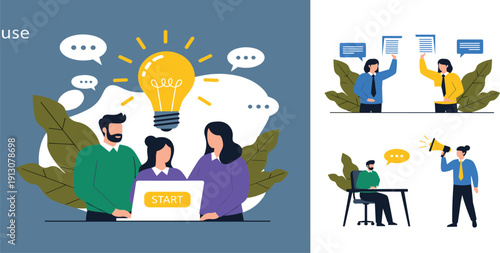 Creative teamwork illustration showing idea generation, business discussion, collaboration, brainstorming process, startup planning, communication concept, and in