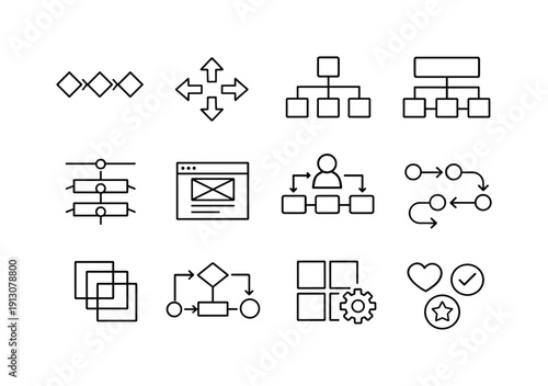UX Navigation. Line icon set of UX Navigation: breadcrumb navigation, UI arrows, page hierarchy, interface map, navigation levels, wireframe