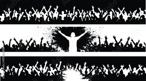 WebCrowd of cheering fans and silhouettes of people celebrating at a music concert or sports event with a leader on a grunge background