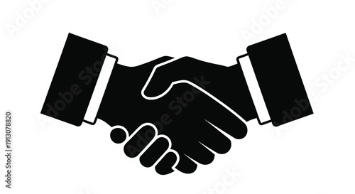 A simple black silhouette of two hands engaged in a firm handshake