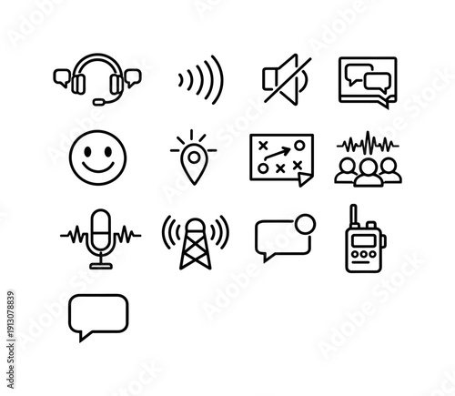 Multiplayer communication. Line icon set of Multiplayer communication: game voice chat, voice waves icon, mute button, chat window icon,