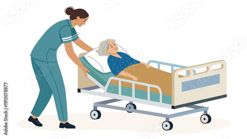 Nurse assisting elderly woman in hospital bed with care  