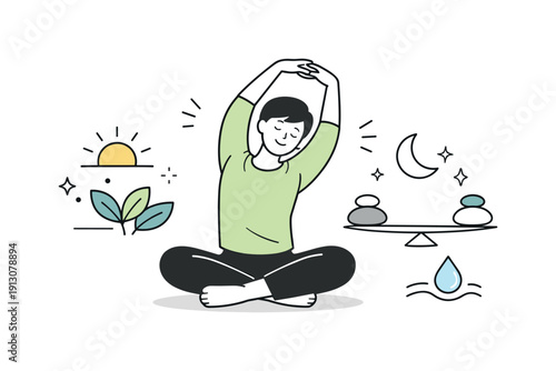 Health improvement moment. A calm character stretching lightly, with abstract symbols of energy and balance nearby. The mood feels