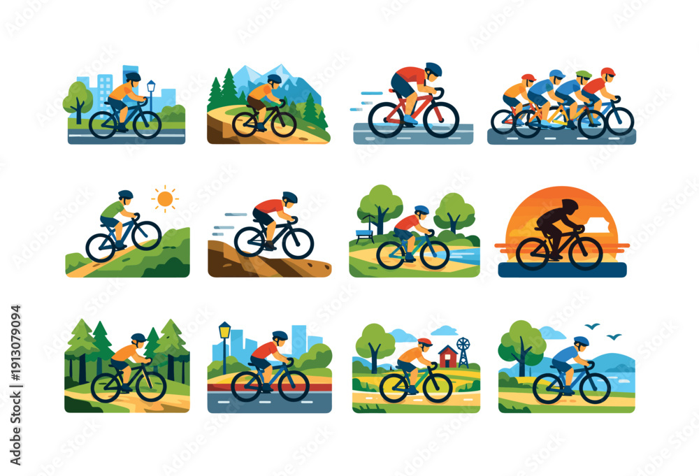Obraz premium Colorful Bike Ride Icons. Bike riding scenes. Colorful flat vector icons set of bike riding scenes: city biking, mountain trail ride, road race, group cycling,