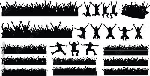 WebCrowd Silhouette Set of Cheering People at Music Concert Festival or Sports Event Celebration with Hands Raised Audience Background Vector Illustration