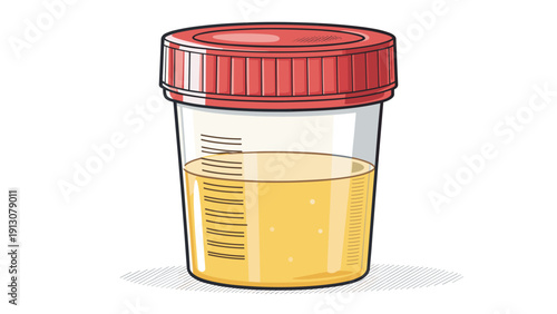 Medical specimen cup filled with urine on white background  