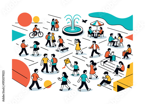 Vibrant Cityscape Patterns. Wide-angle life scene. A busy city square seen from above, tiny people moving like