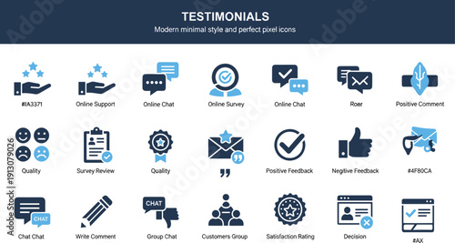 Customer Testimonials and Feedback Icon Set Featuring Online Support Chat Survey Review Satisfaction Rating Positive Comment User Experience Decision Making and Client Relationship Management