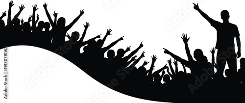 Crowd Silhouette Set of Cheering People at Music Concert Festival or Sports Event Celebration with Hands Raised Audience Background Vector Illustration Collection