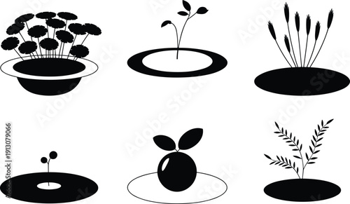 Black vector silhouette and outline set of potted garden plants sprouts and field crops for botanical education organic farming agriculture and eco friendly branding,