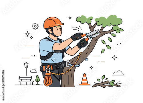 Tree trimming work. An arborist carefully trimming tree branches with professional tools, calm and focused. The scene shows routine