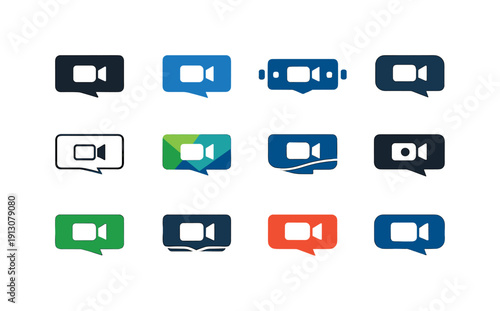    Video call window. Icon set. Set Logo of video call window: screen with camera icon. harmonious logo variations of the same emblematic