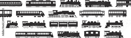 Black vector silhouette set of vintage steam locomotives and modern passenger train carriages for railway transportation history engine engineering travel and logistics branding
