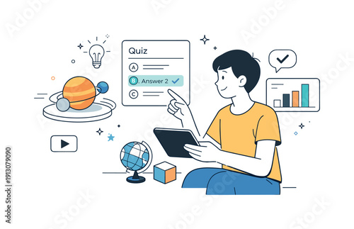 Interactive digital lessons. Calm editorial scene showing a learner interacting with virtual panels, quizzes, or 3D objects, expressing